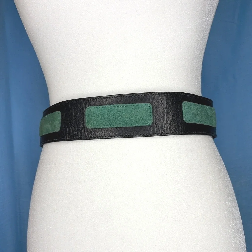 Alden Howard Vintage Wide Black Leather Green Suede Patch Waist Belt Size 28